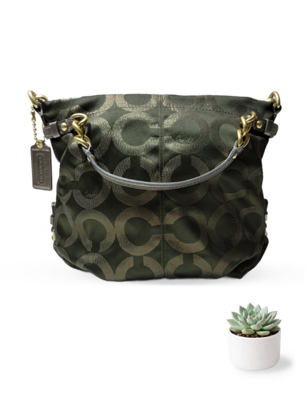 Coach Op Art Brooke Metallic Olive Signature Logo Print Shoulder Bag - Picture 2 of 7